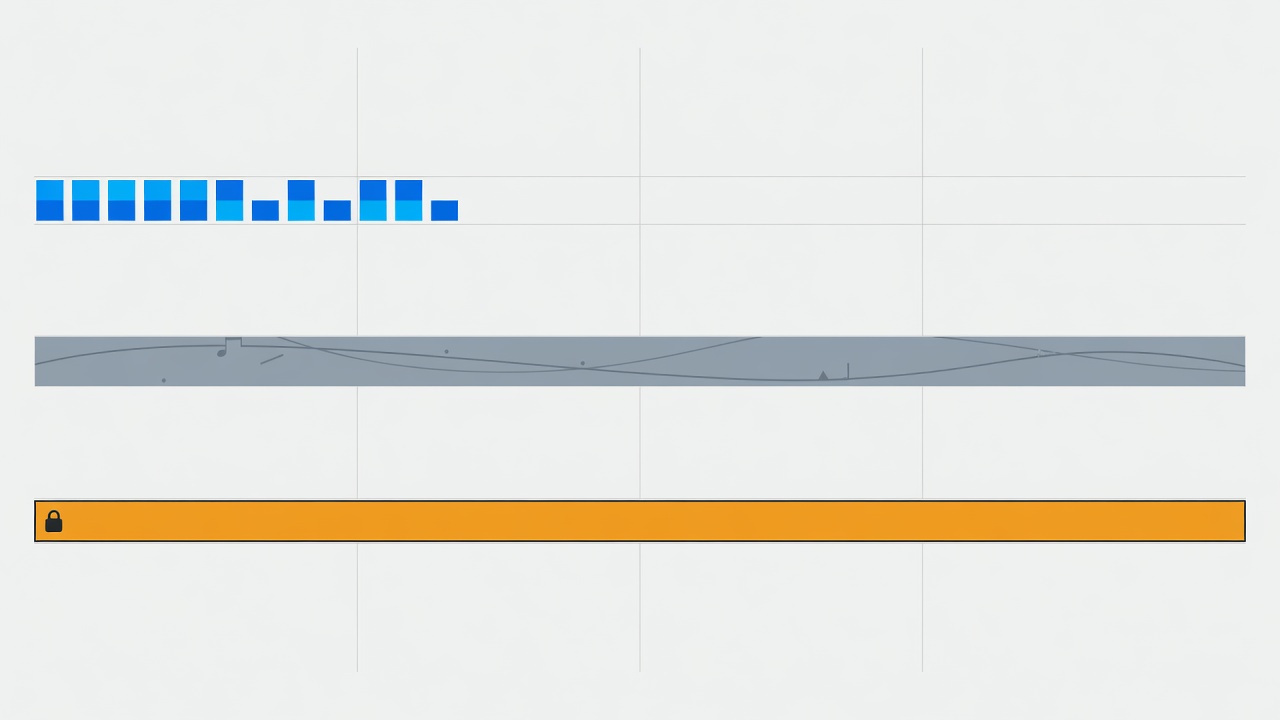 Flat vector illustration of a short MIDI phrase, a written musical brief and a protected vocal lane
