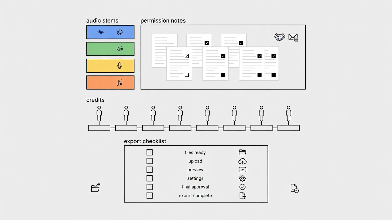 Flat vector illustration of labelled audio stems beside permission notes, credits and an export checklist