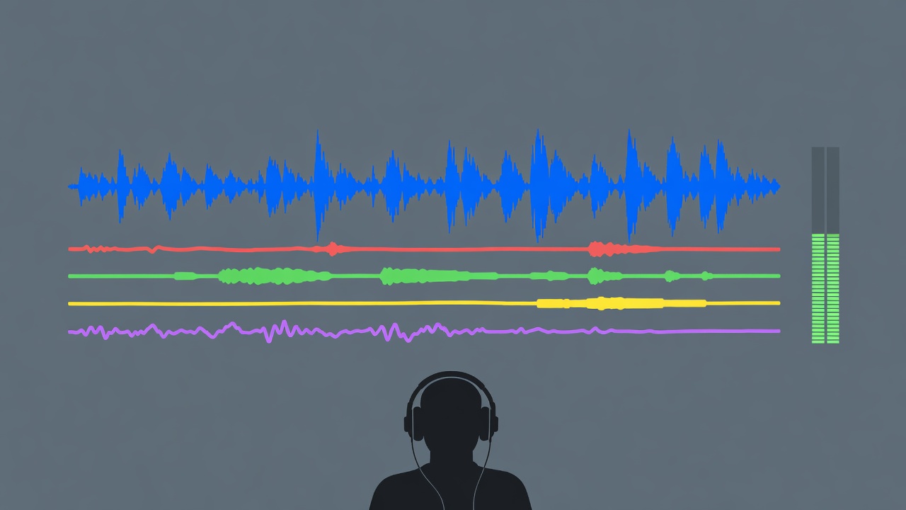 Flat vector scene showing an audio waveform, separate stems, a level meter and a listening position
